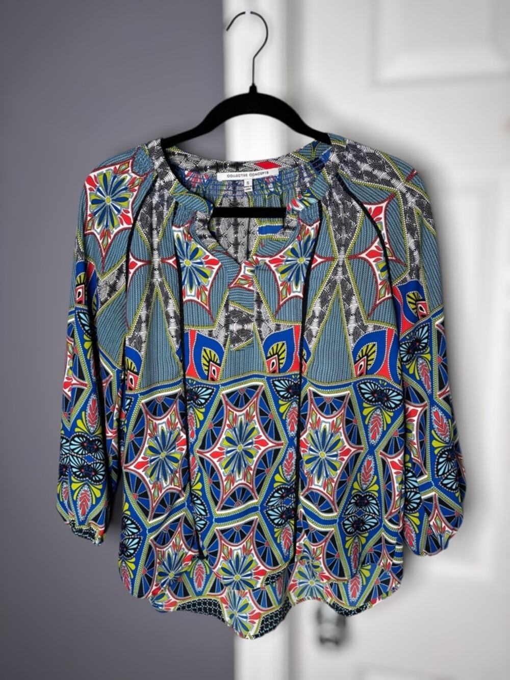 Collective Concepts Blue Green Print Balloon Sleeve Blouse Small